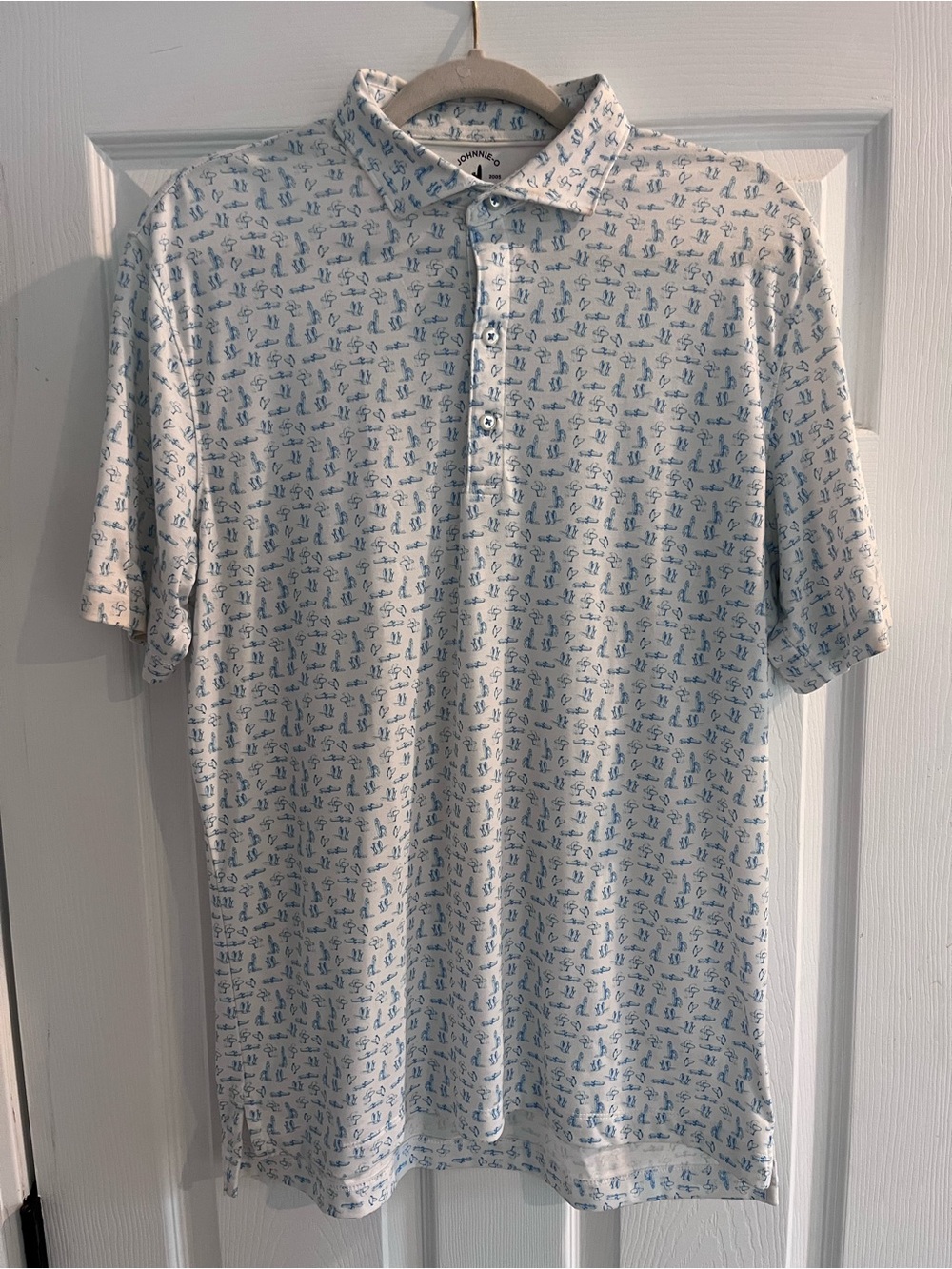johnnie-O White Polo with Light Blue Micro Print